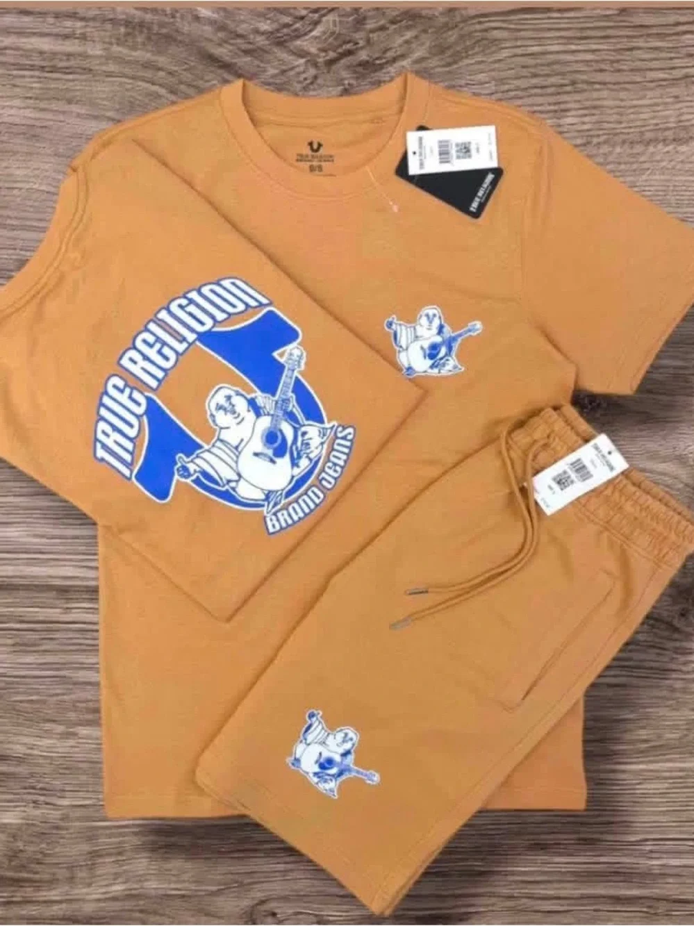 Mustard Yellow Tee and Shorts Set with Blue Logo